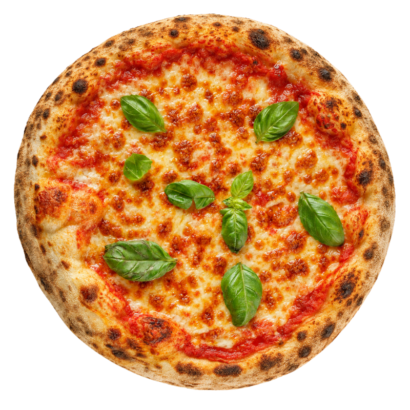 Pizza Margherita cu mozzarella topită și frunze de busuioc