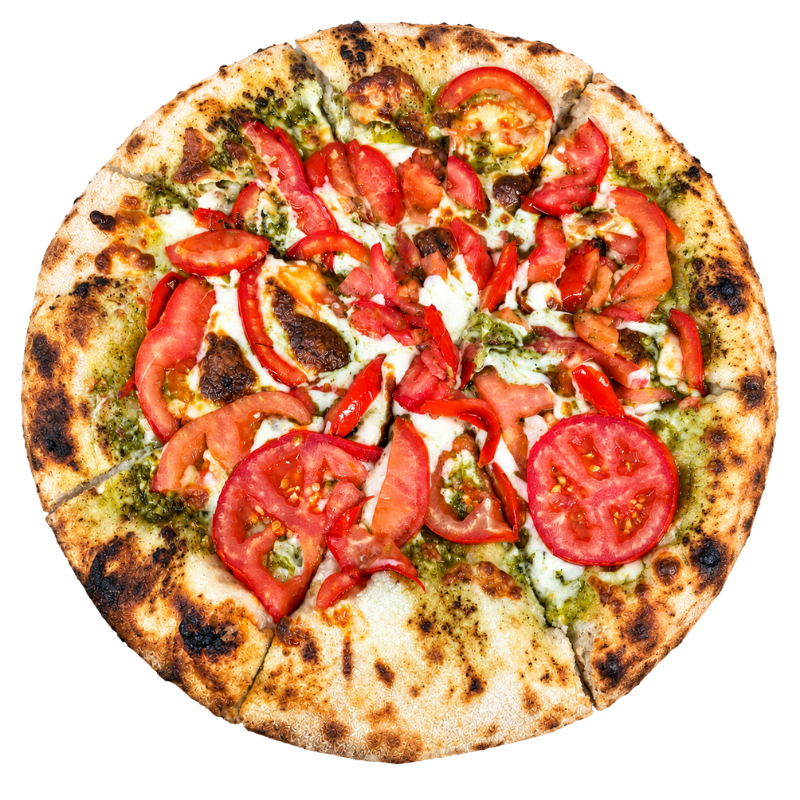 Pizza cu pesto, mozzarella și felii de roșii