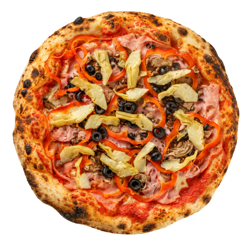 Pizza Capriciosa cu anghinare, șuncă, măsline, ciuperci și ardei